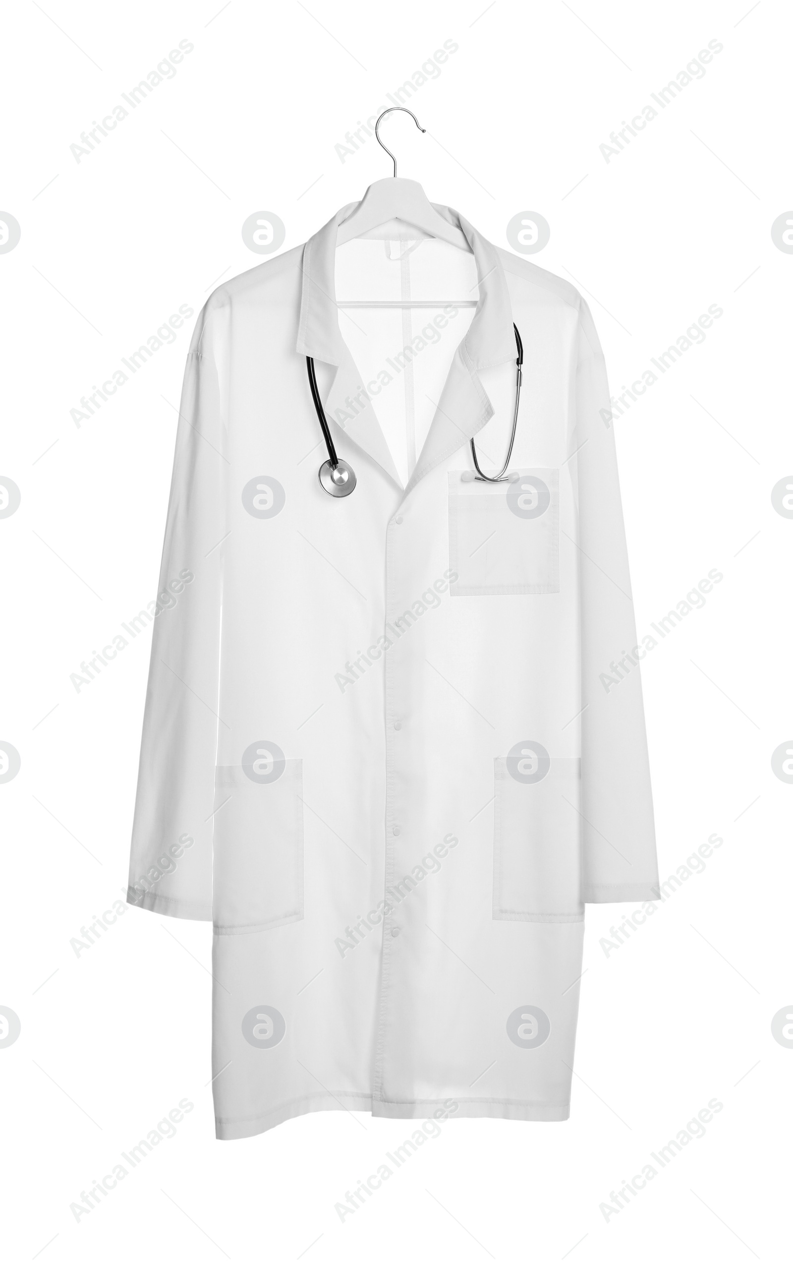 Photo of Doctor's gown and stethoscope isolated on white. Medical uniform