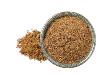 Bowl and aromatic caraway (Persian cumin) powder isolated on white, top view