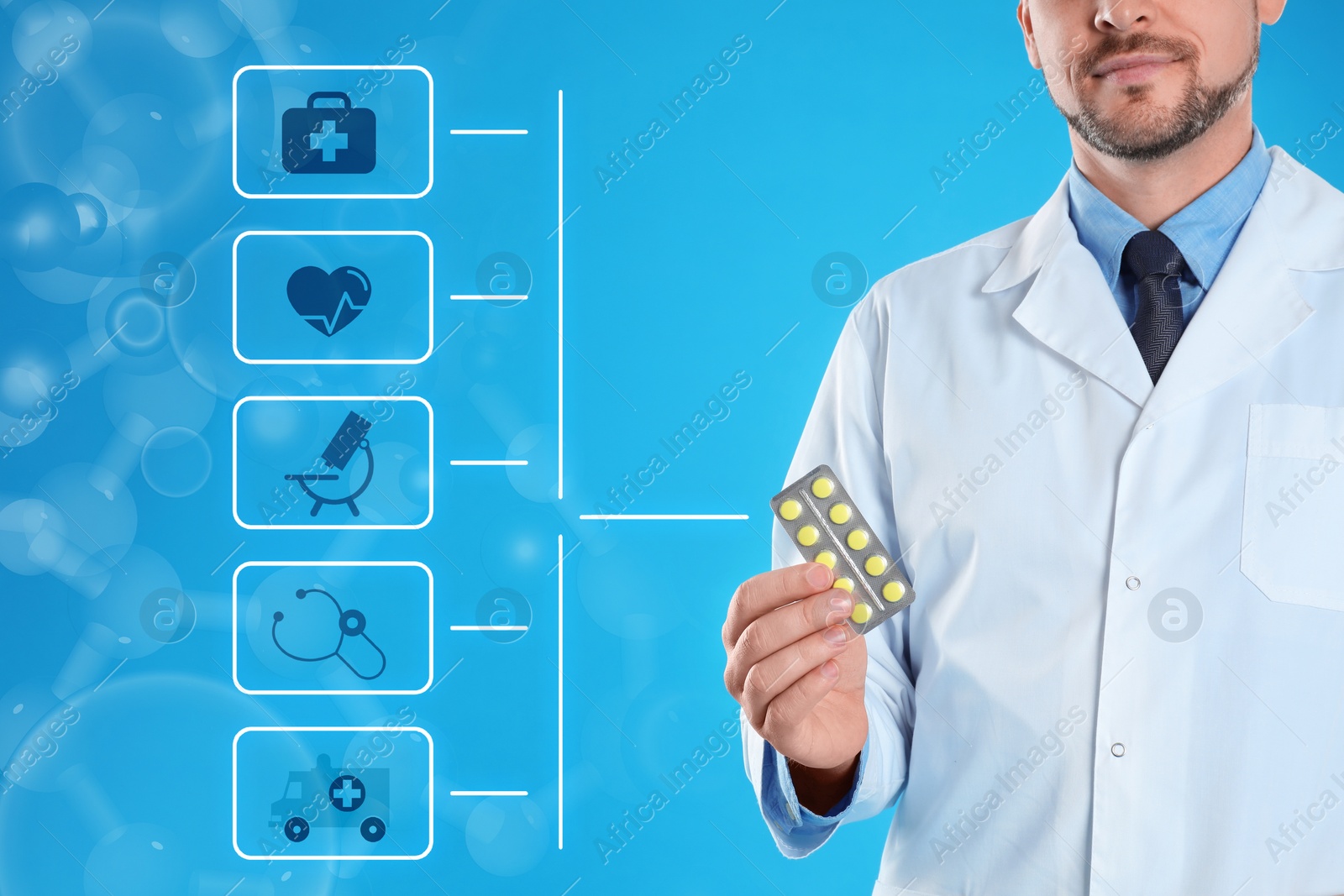 Image of Virtual icons and professional pharmacist with pills on light blue background, closeup