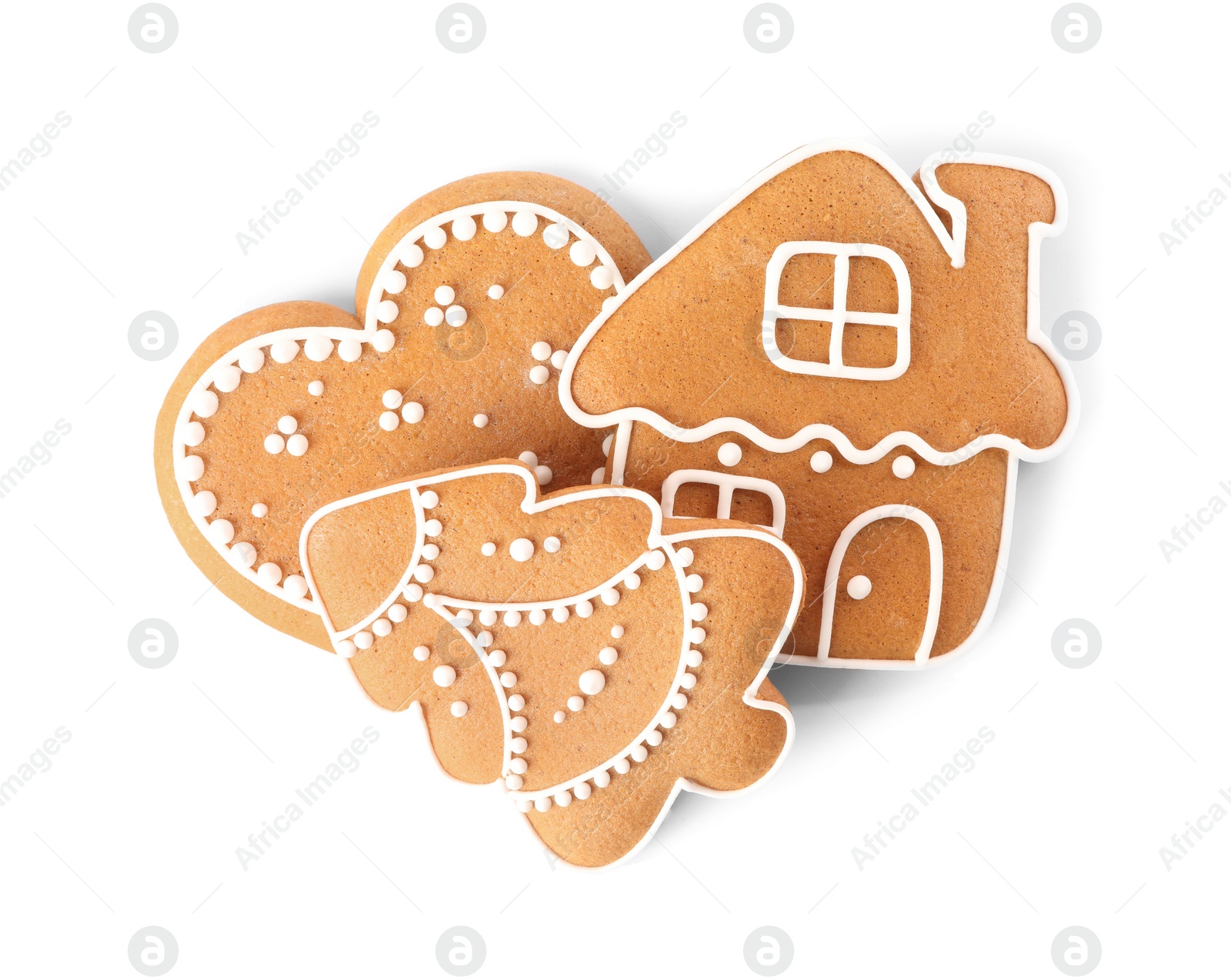 Photo of Different delicious Christmas cookies on white background, top view