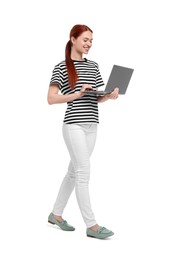 Photo of Happy woman using laptop on white background