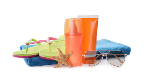 Composition with beach objects on white background
