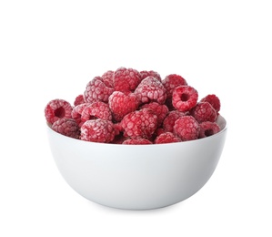 Photo of Tasty frozen raspberries in bowl isolated on white