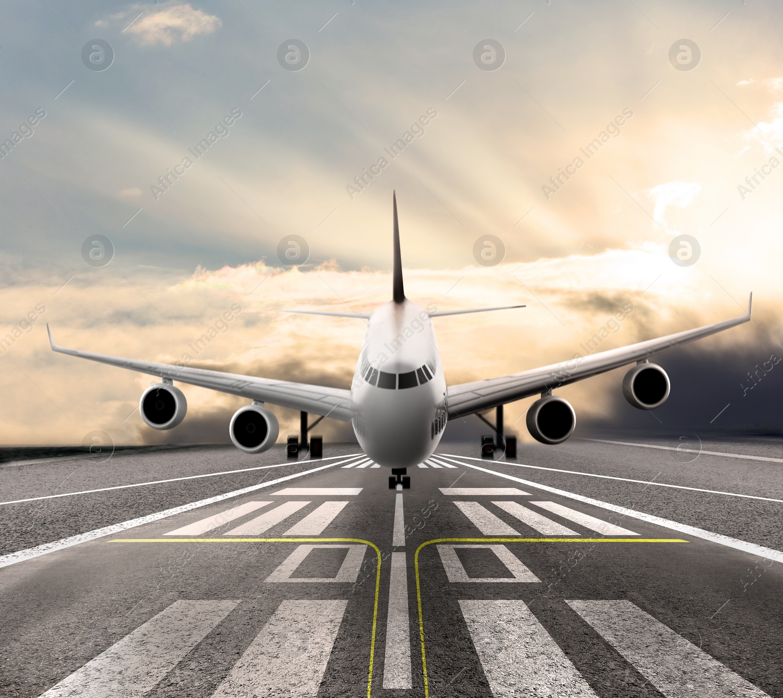 Image of Modern white airplane landing on runway 