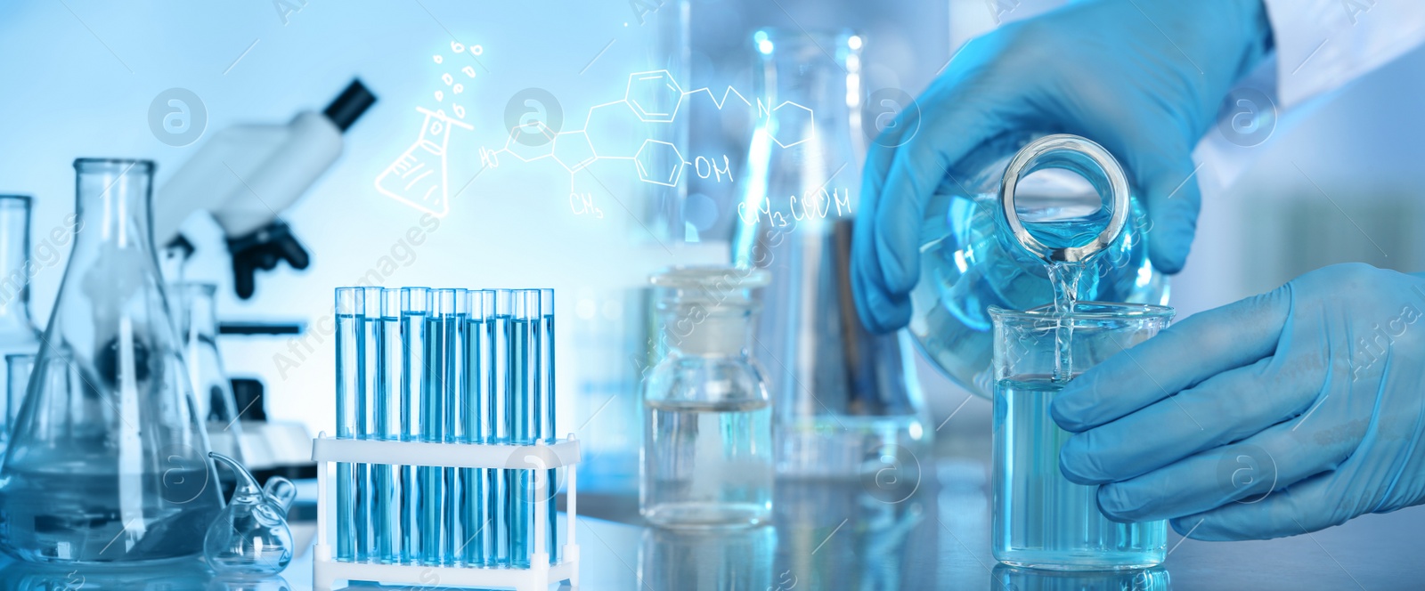 Image of Scientist pouring blue liquid into beaker from Erlenmeyer flask for analysis in laboratory, closeup. Banner design  