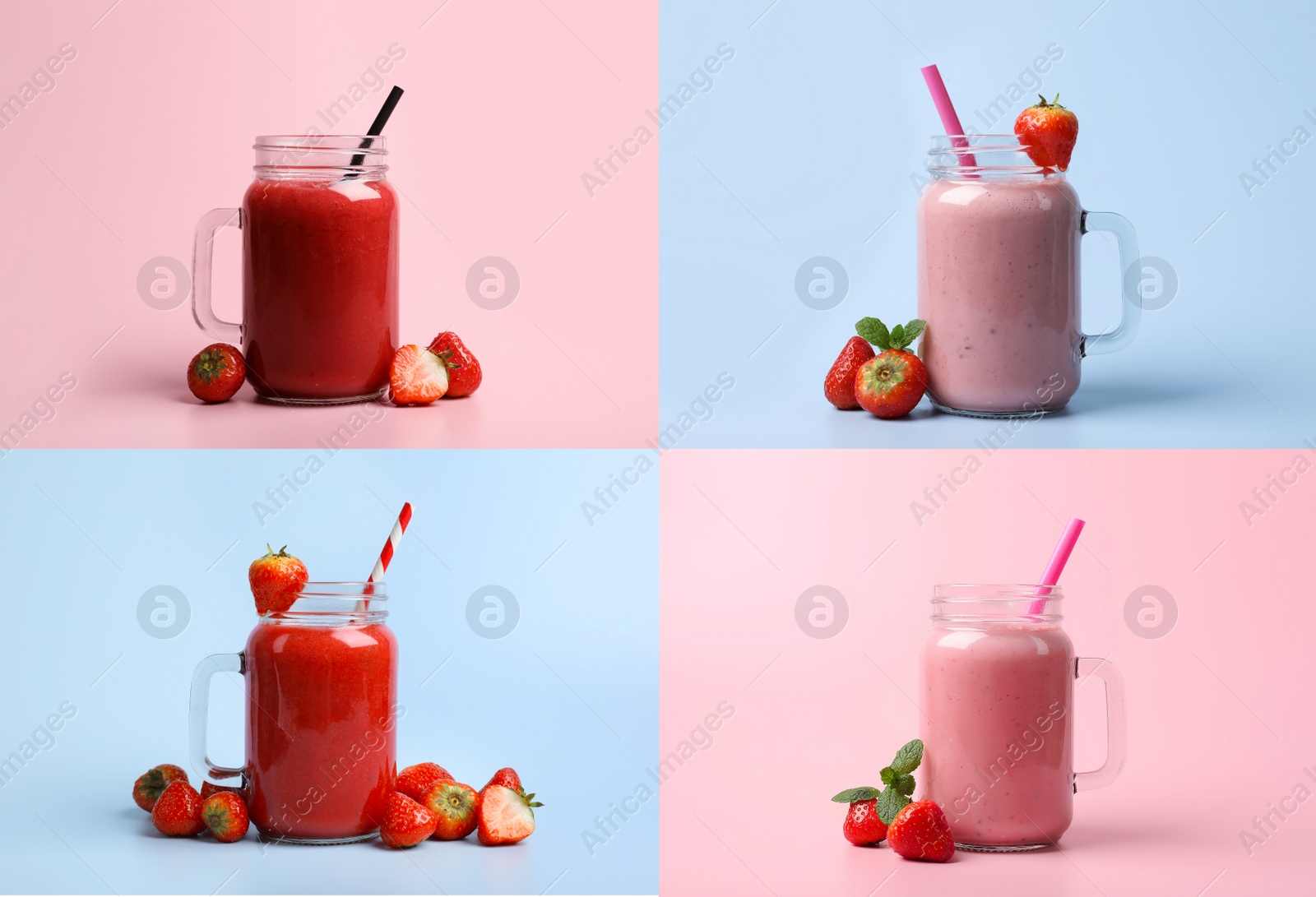 Image of Collage with strawberry smoothies on pink and light blue backgrounds