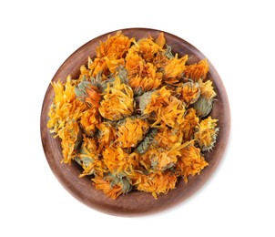 Photo of Dry calendula flowers in wooden bowl isolated on white, top view