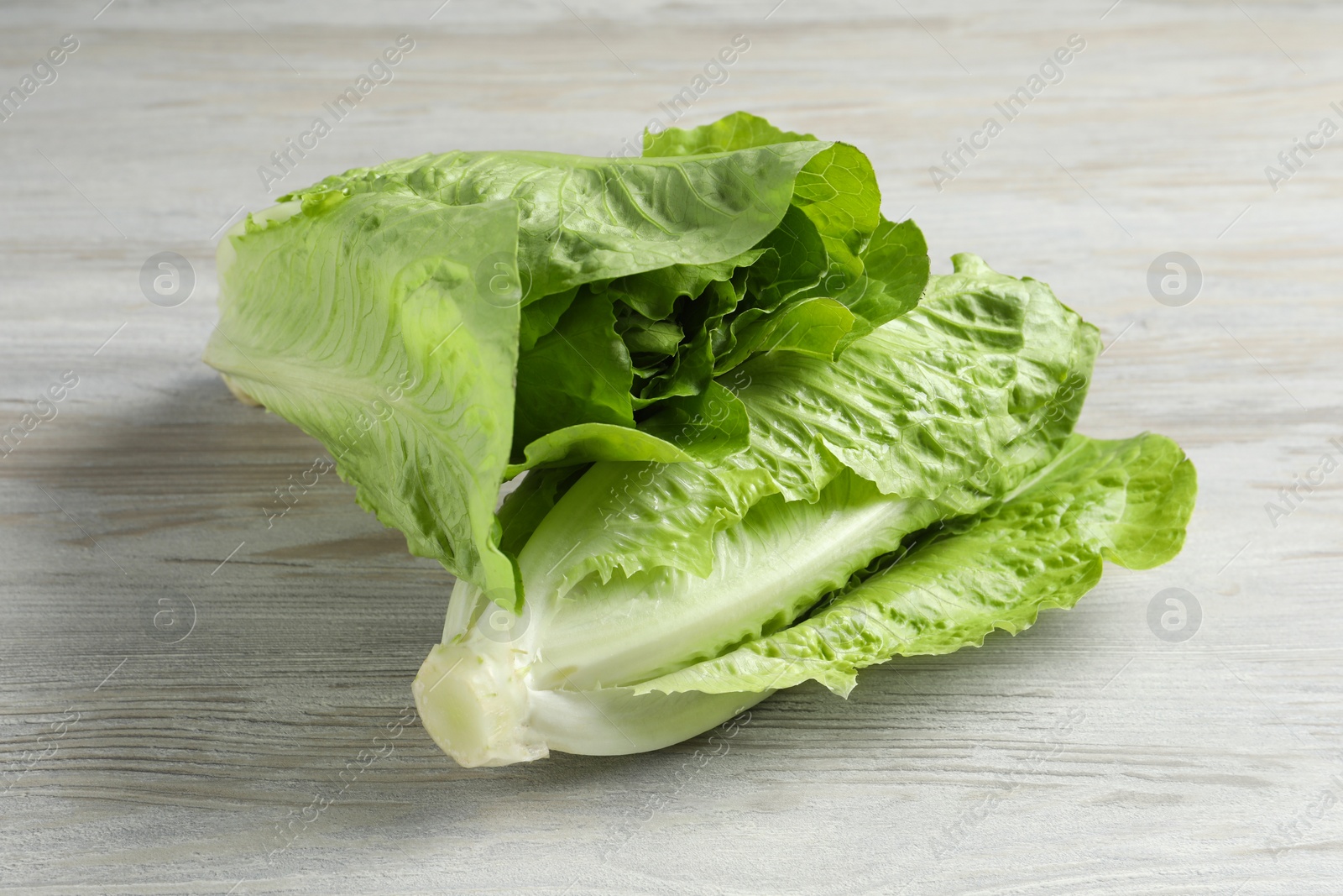 Photo of Fresh green romaine lettuces on white wooden table