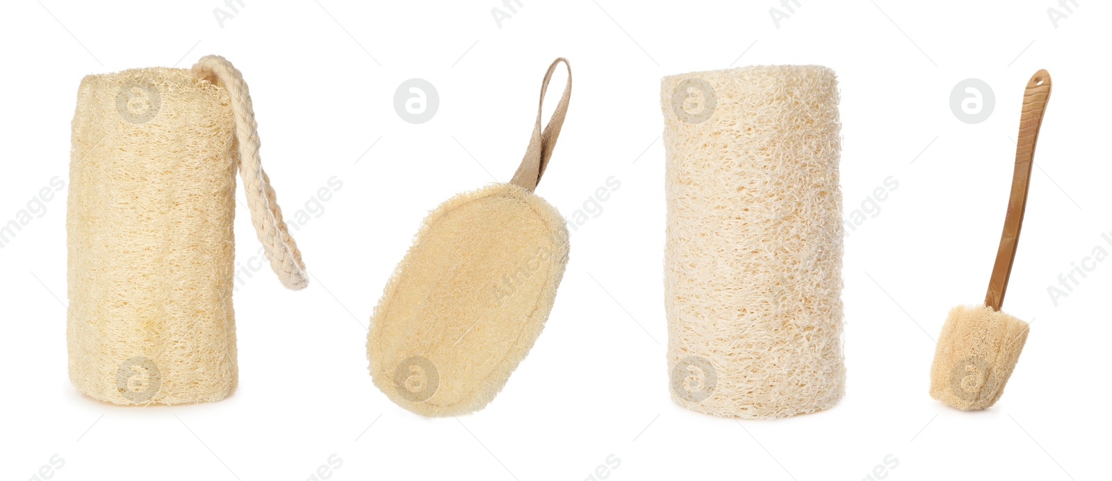 Image of Set with natural shower loofah sponges and brush on white background. Banner design