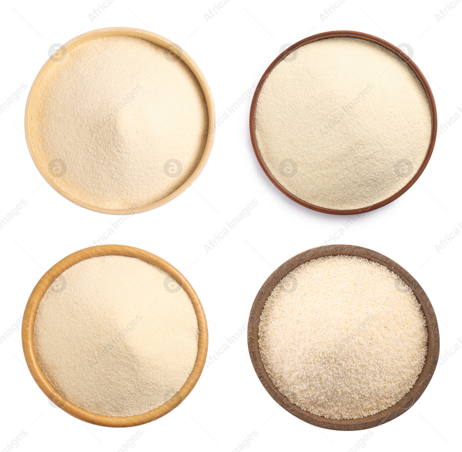 Image of Set with uncooked organic semolina on white background, top view