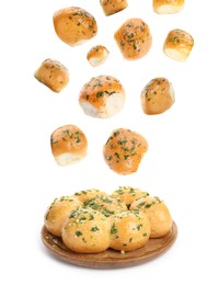 Image of Traditional Ukrainian buns (Pampushky) falling on white background