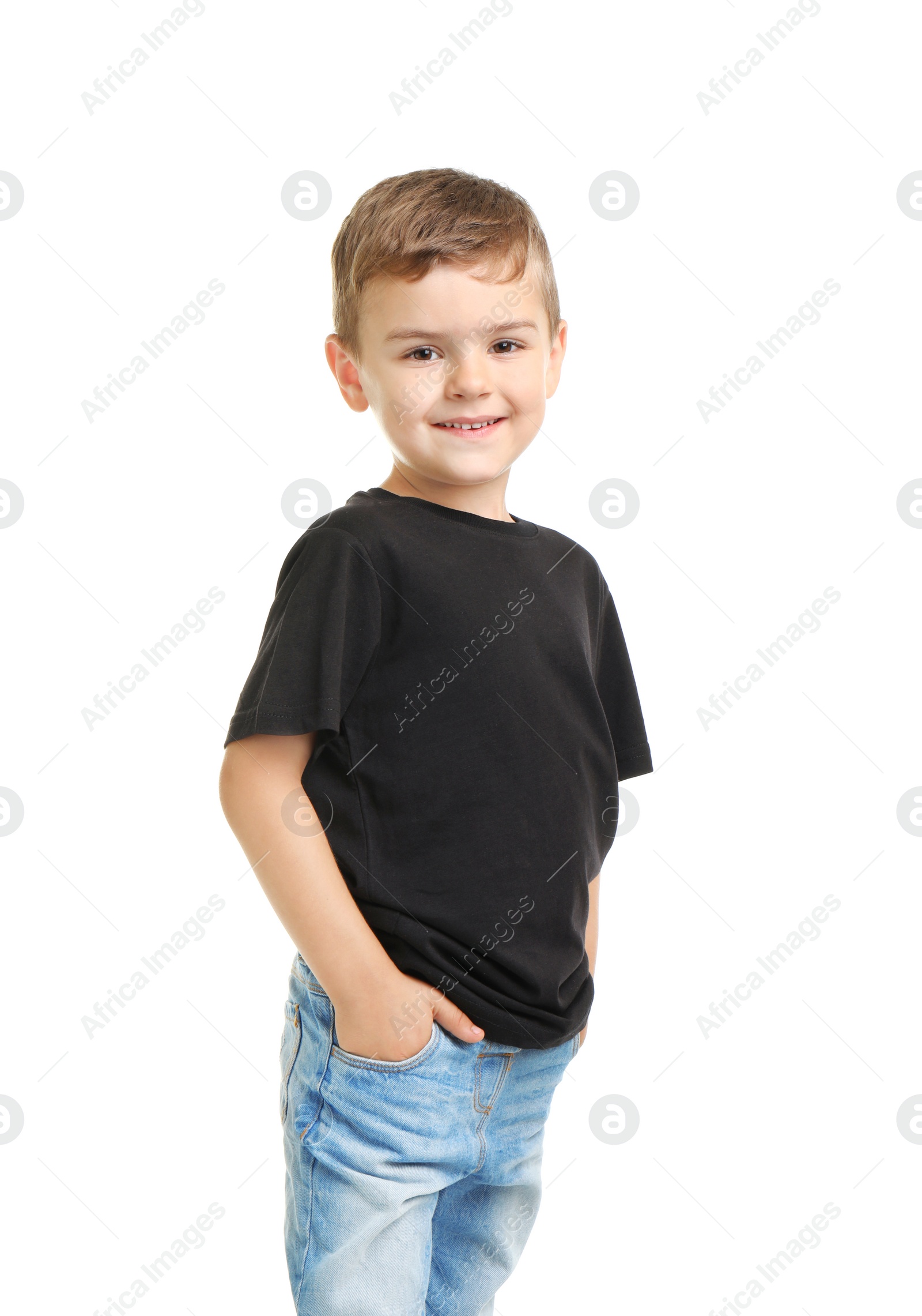 Photo of Little boy in t-shirt on white background. Mockup for design