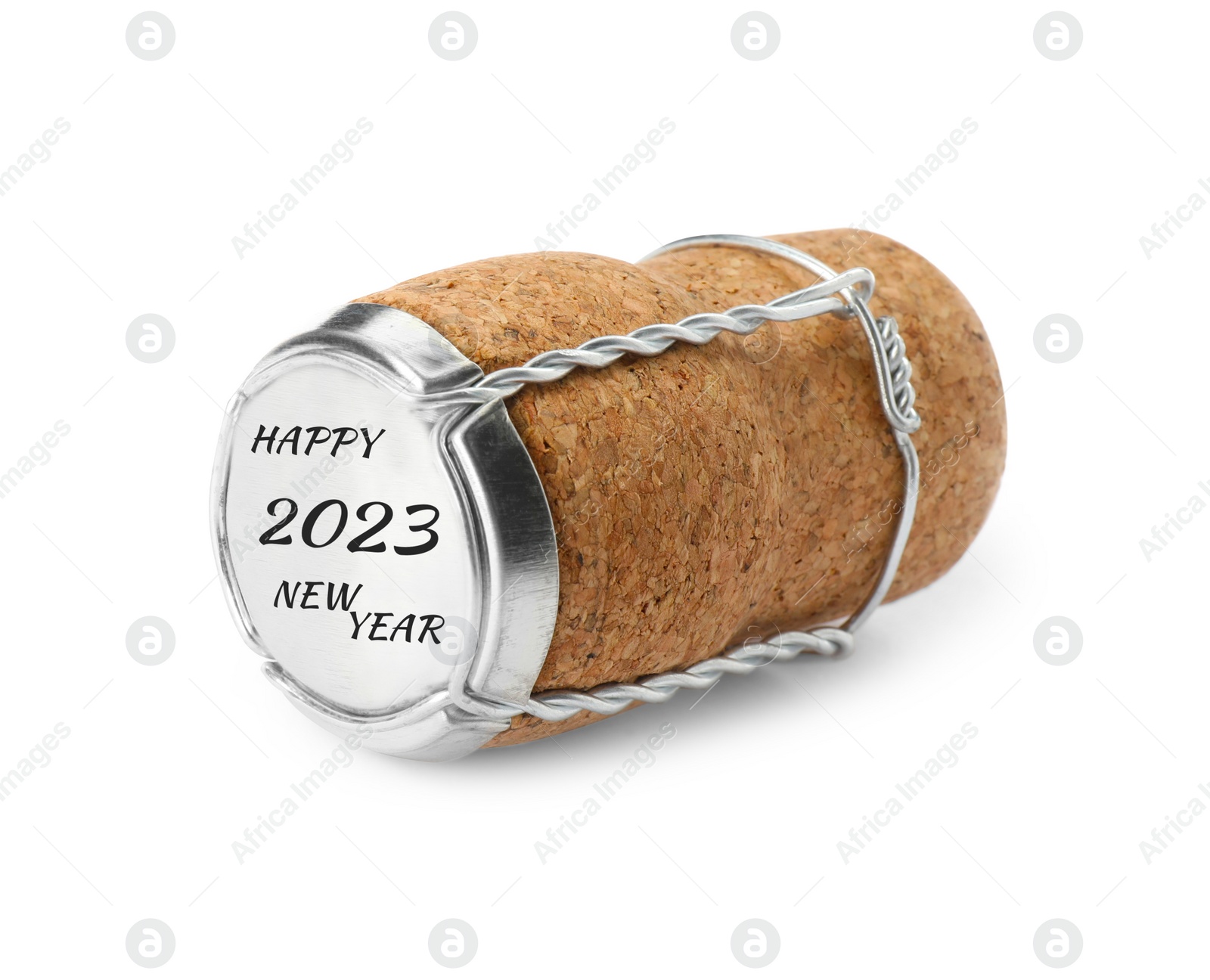 Image of Cork of sparkling wine and muselet cap with engraving Happy 2023 New Year on white background