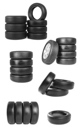 Image of Set with car tires on white background