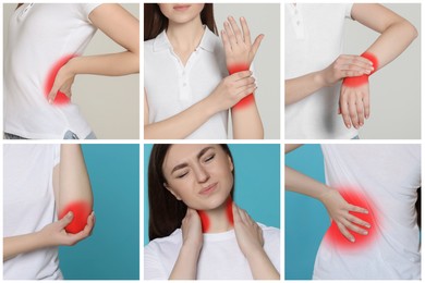 Women suffering from rheumatism. Collage of photos