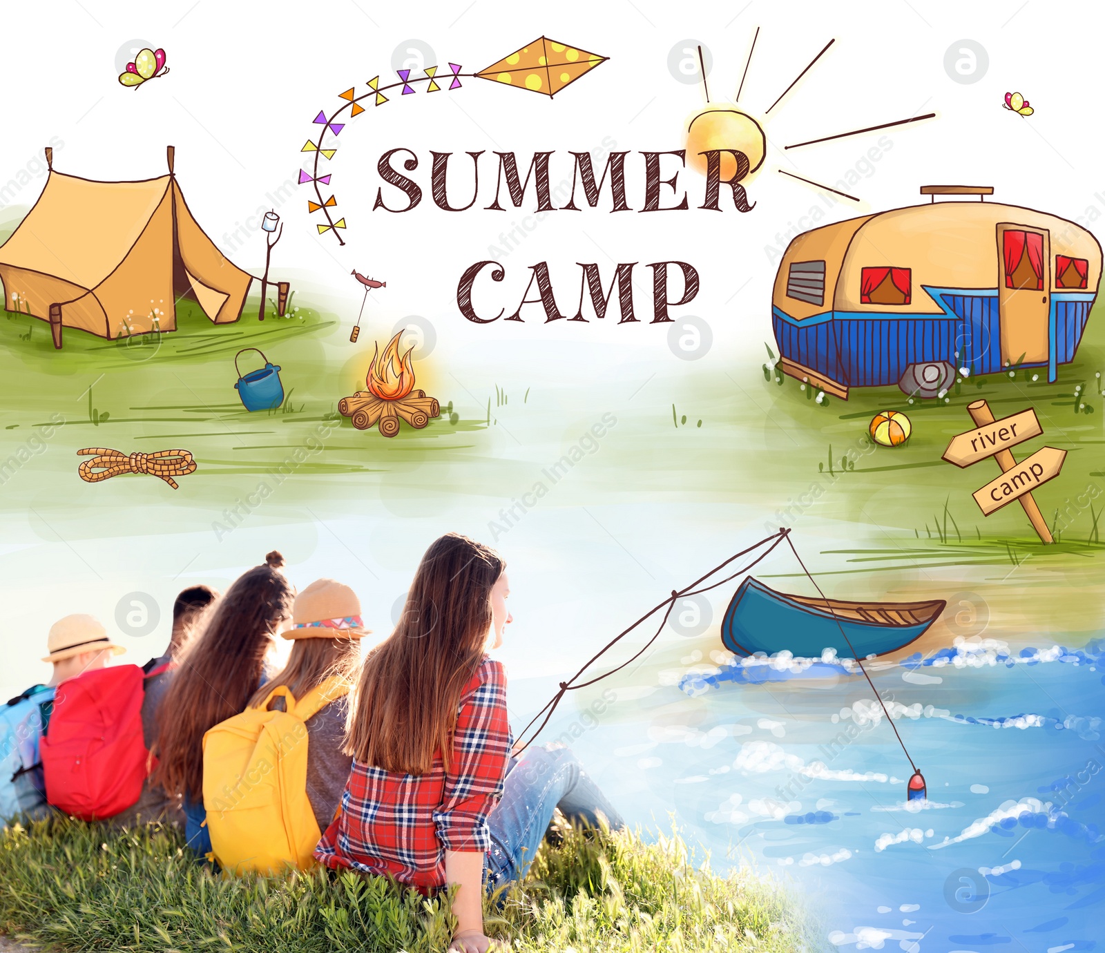 Image of Children at summer camp. Illustrations on background