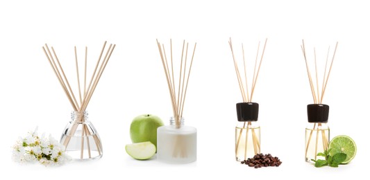 Collage with reed diffusers of different fragrances isolated on white