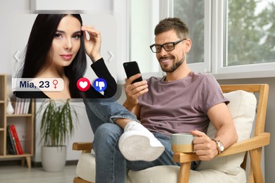 Image of Smiling man looking for partner via dating site indoors. Profile photo of woman, information and icons
