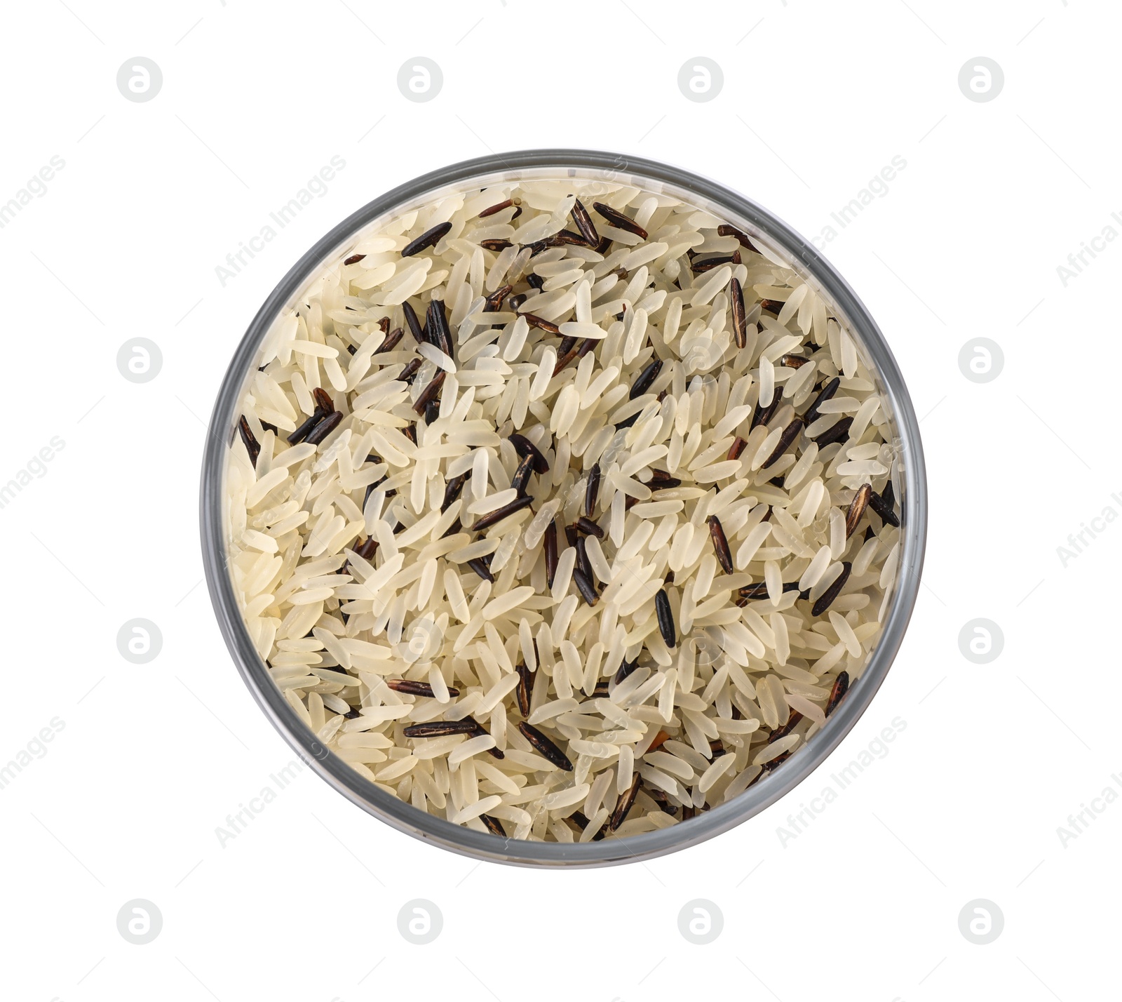 Photo of Mix of brown and polished rice in jar isolated on white, top view