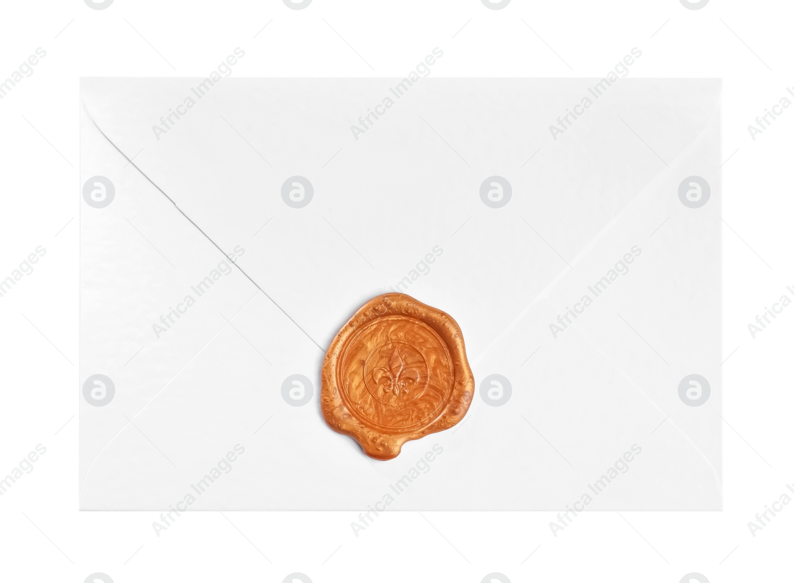 Photo of Envelope with wax seal isolated on white, top view