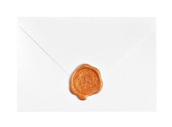 Envelope with wax seal isolated on white, top view