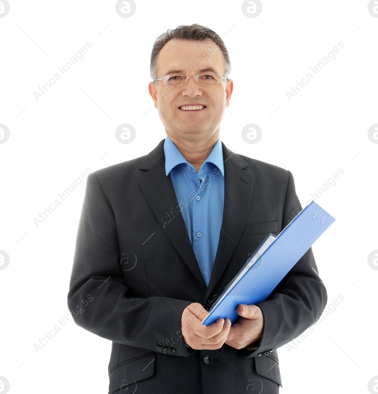 Photo of Portrait of male teacher with clipboard on white background