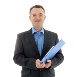 Photo of Portrait of male teacher with clipboard on white background