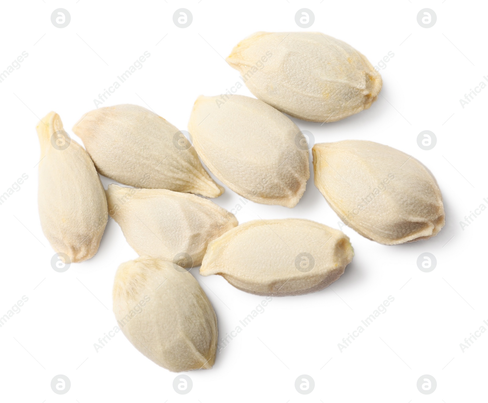 Photo of Many seeds of tangerine isolated on white, top view