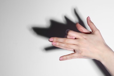 Photo of Shadow puppet. Woman making hand gesture like dog on light background, closeup. Space for text