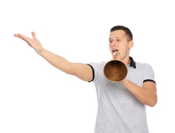 Photo of Emotional young man with megaphone on white background
