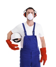 Photo of Male industrial worker in uniform on white background. Safety equipment