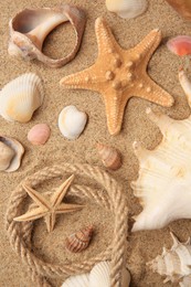 Beautiful sea stars, shells and rope on sand, flat lay