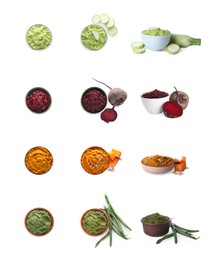 Set with different tasty vegetable puree on white background