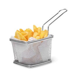 Photo of Delicious French fries in metal basket isolated on white