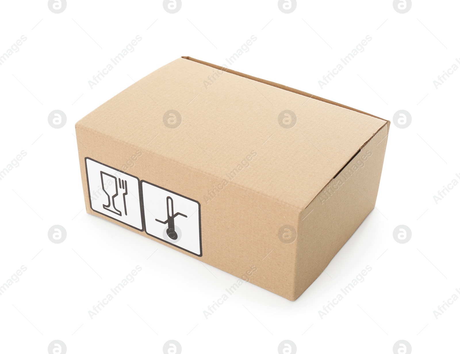 Photo of Cardboard box with different packaging symbols isolated on white. Parcel delivery