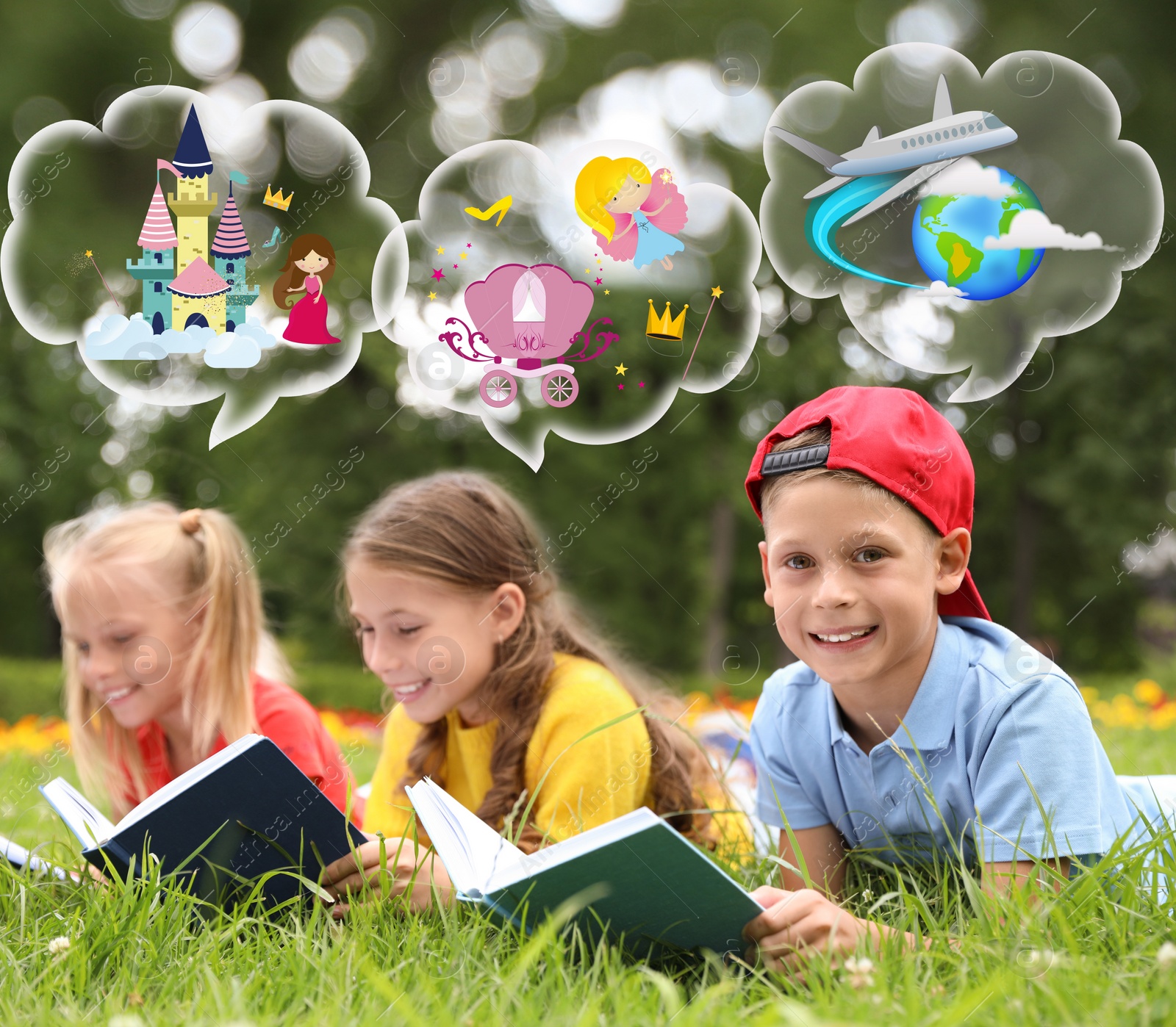 Image of Happy children reading books on green grass outdoors 