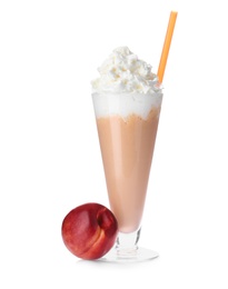 Glass with delicious milk shake on white background