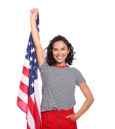 Happy young woman with American flag on white background