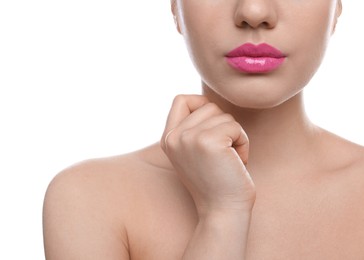 Closeup view of woman with beautiful full lips on white background