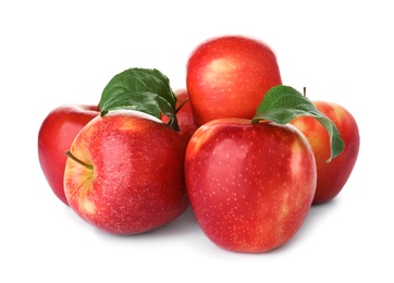 Photo of Heap of ripe juicy red apples on white background