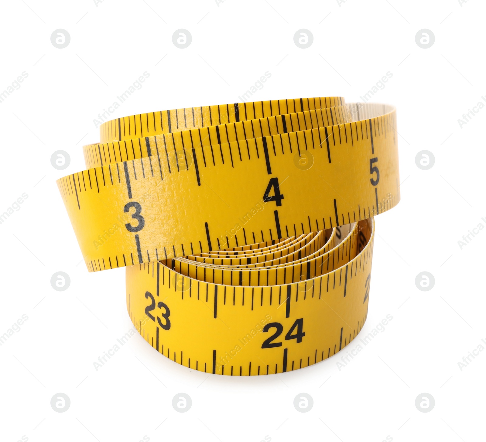 Photo of New yellow measuring tape isolated on white