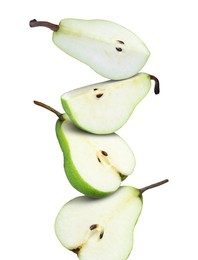 Image of Cut fresh ripe pears on white background