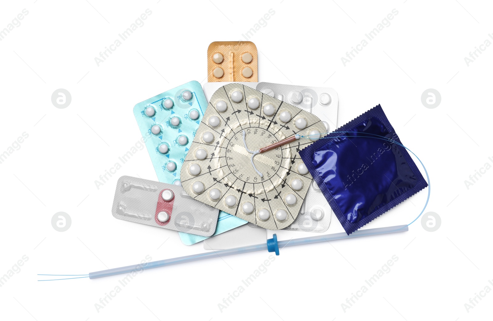 Photo of Contraceptive pills, condom and intrauterine device isolated on white, top view. Different birth control methods