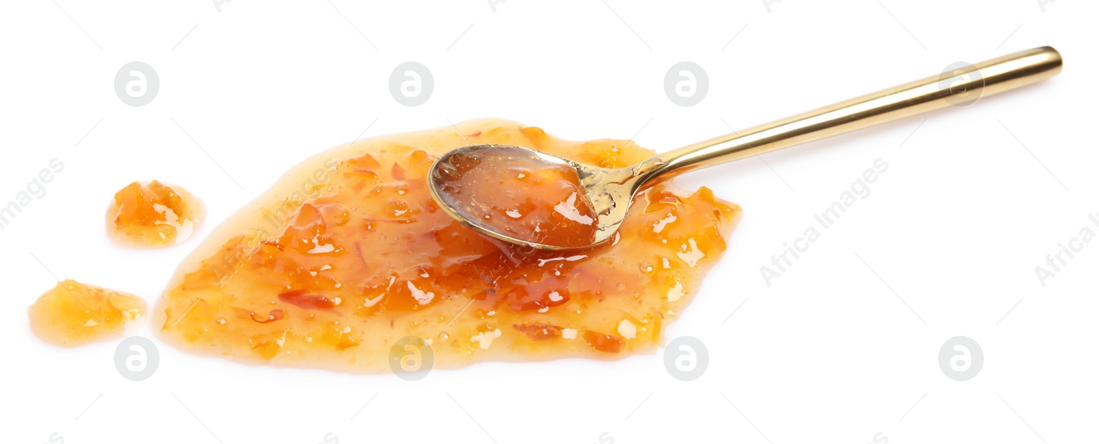 Photo of Spoon with delicious apple jam on white background