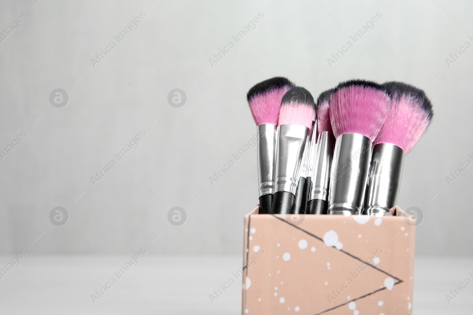 Photo of Organizer with professional makeup brushes against light background. Space for text