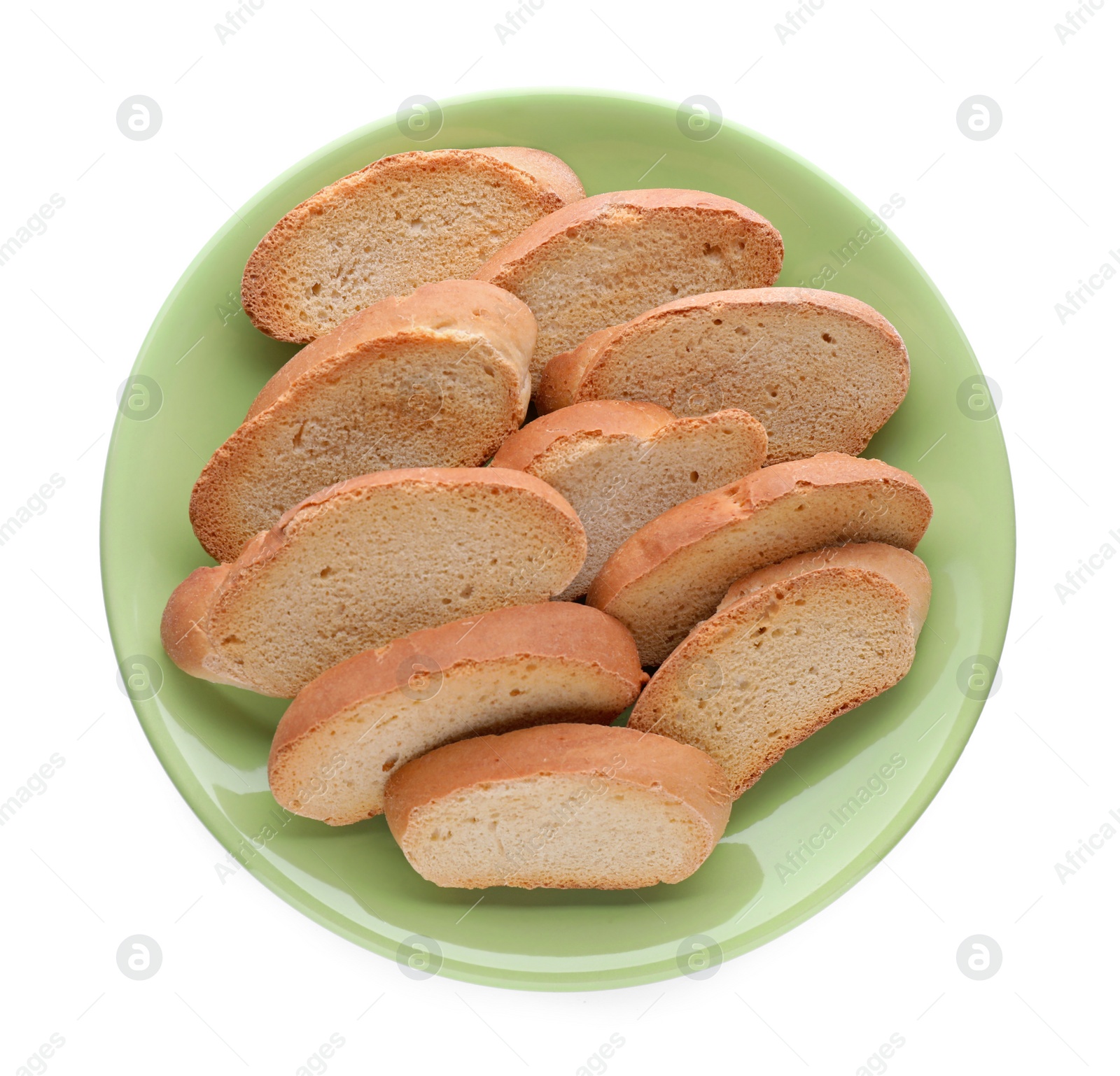 Photo of Plate of hard chuck crackers on white background, top view