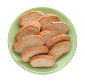 Photo of Plate of hard chuck crackers on white background, top view