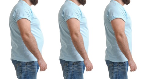 Image of Man before and after weight loss on white background, collage