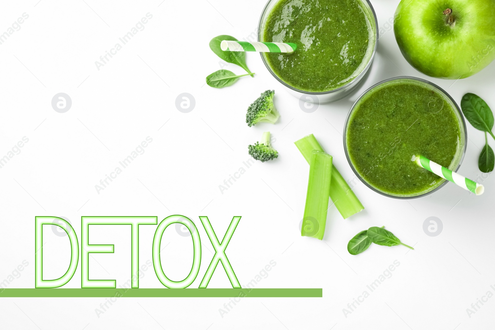 Image of Word Detox and glasses of delicious green smoothie on white background, flat lay