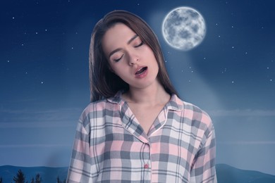 Image of Young woman wearing pajamas in sleepwalking state and beautiful starry sky with full moon at night on background